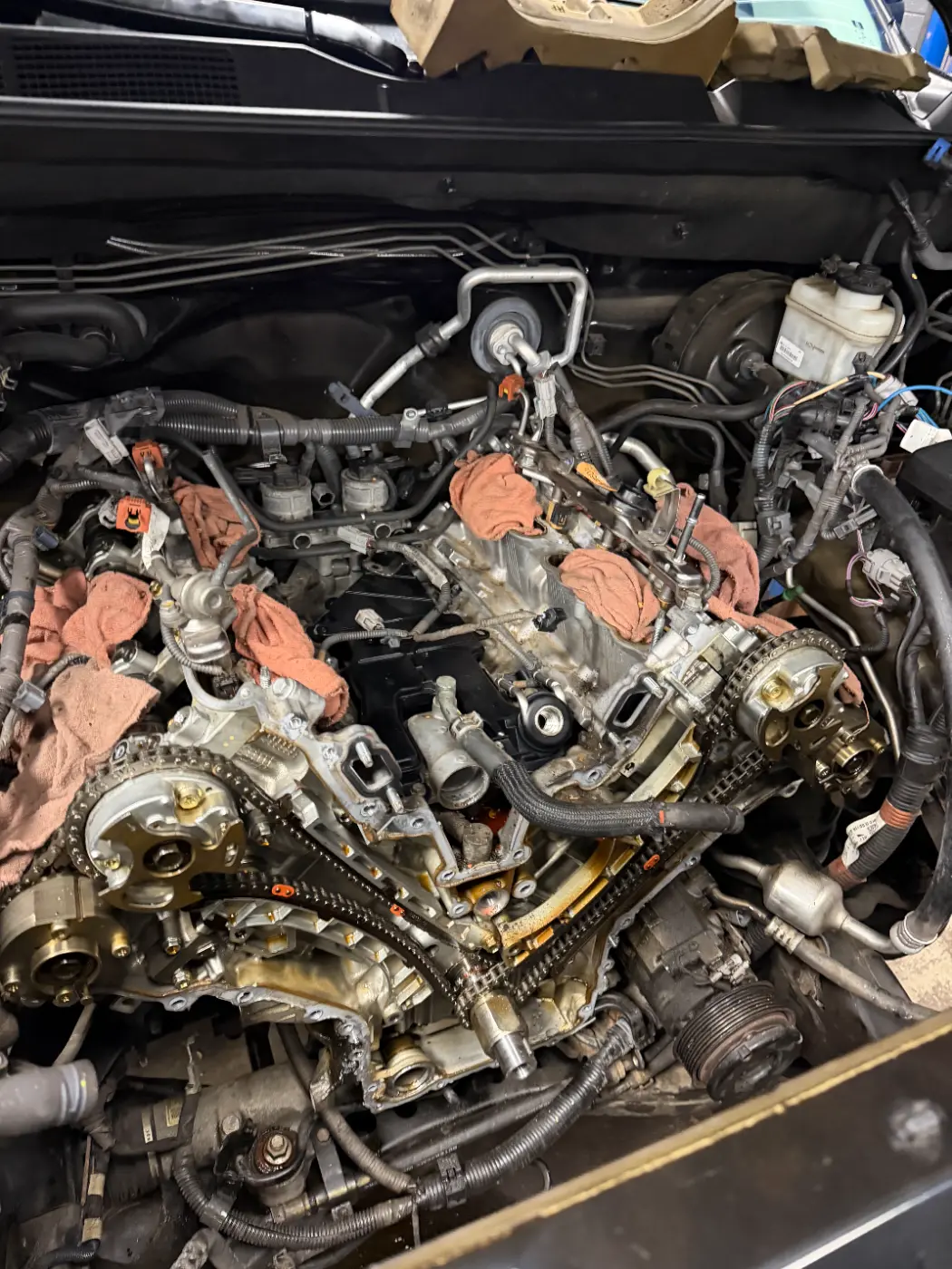 Toyota engine opened up for new timing chains at our West Springfield shop