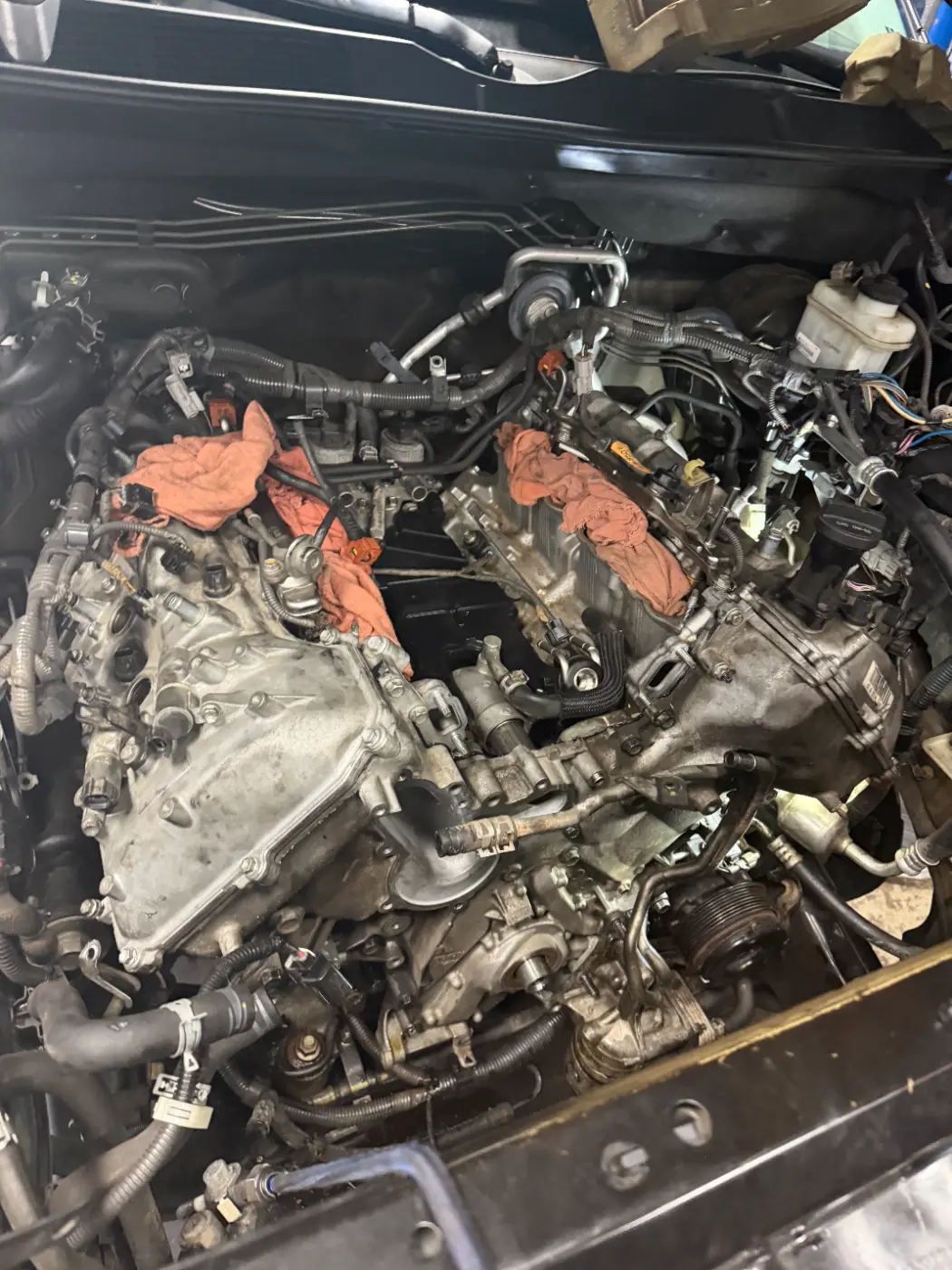 Timing chain work on a Toyota that came in with a check engine light and a rattle, at our West Springfield shop